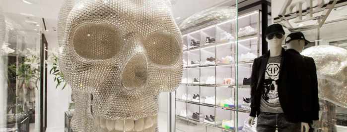 Displays inside the Philipp Plein boutique at Nammos Village shopping center on Mykonos