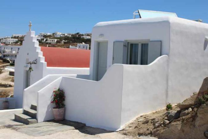 Hotel website photo showing an exterior view of one of the rooms at Crystal View Mykonos