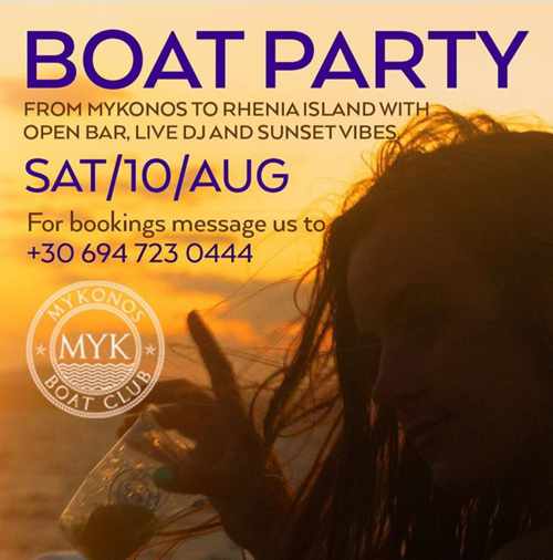 Mykonos Boat Club promotional ad for one of its 2019 summer boat party cruises