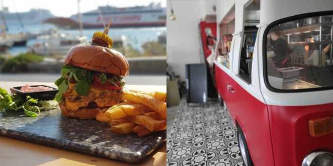 Cantina Mykonos photos of its burger platter and its kitchen food truck