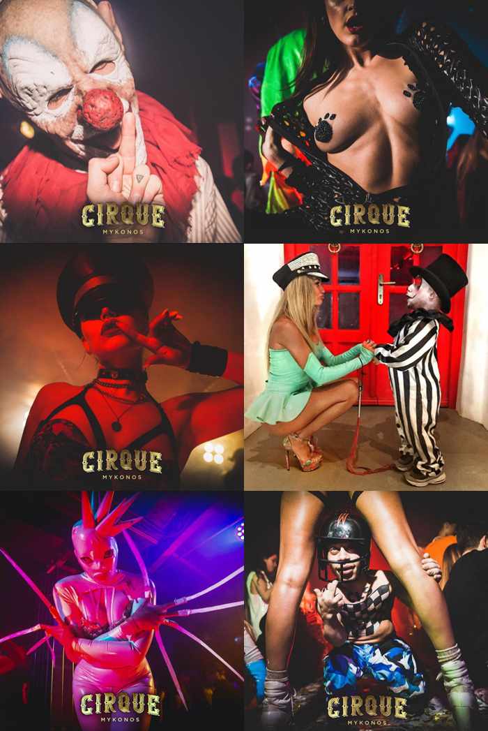 Promotional images for Cirque Mykonos from the nightclub's social media pages