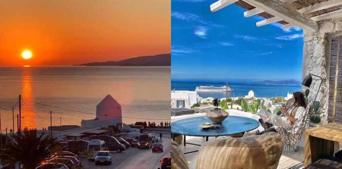 I Frati Mykonos restaurant social media photos of the sunset and daytime views from its patio