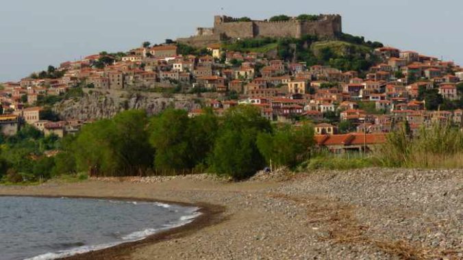 Beach view of the town of Molyvos on Lesvos island