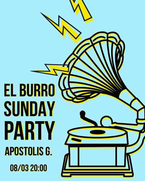 Announcement for the El Burro Mykonos Sunday Party on March 8