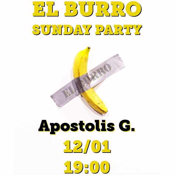 Promotional ad for the El Burro Mykonos Sunday Party with DJ Apostolis G on January 12