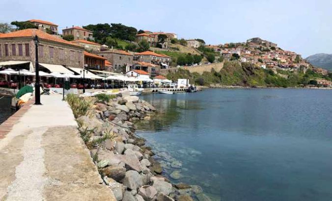 view from the Molyvos harbour on Lesvos island