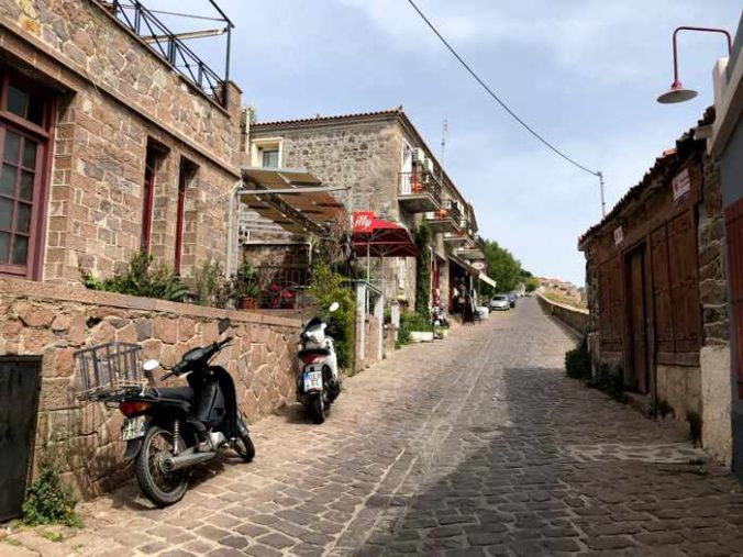 view up the main road through Molyvos on Lesvos island