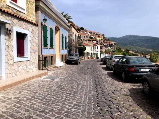 the main street in Molyvos on Lesvos island