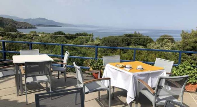 View from the breakfast terrace at the Delfinia Hotel in Molyvos on Lesvos island