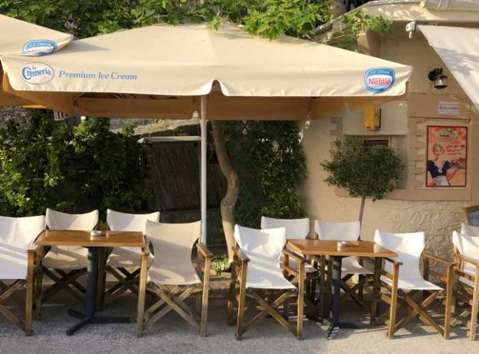 streetside chairs at To Platanaki Cafe in Molyvos on Lesvos island