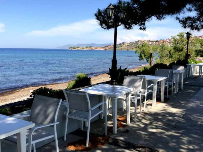 View from the swimming pool patio at the Delfinia Hotel in Molyvos on Lesvos island