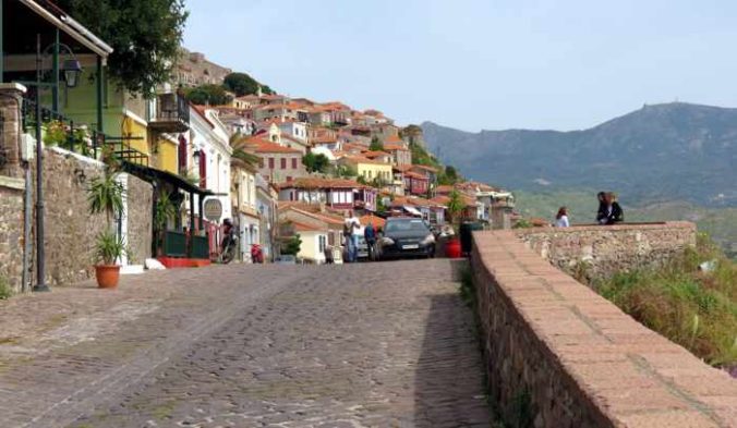 view from the main street in Molyvos on Lesvos island