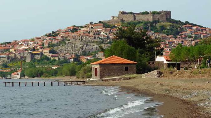 Molyvos town as seen from the beach at the Hotel Delfinia on Lesvos