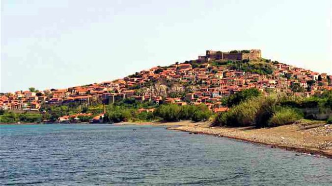 Molyvos town viewed from the dock at the Hotel Delfinia