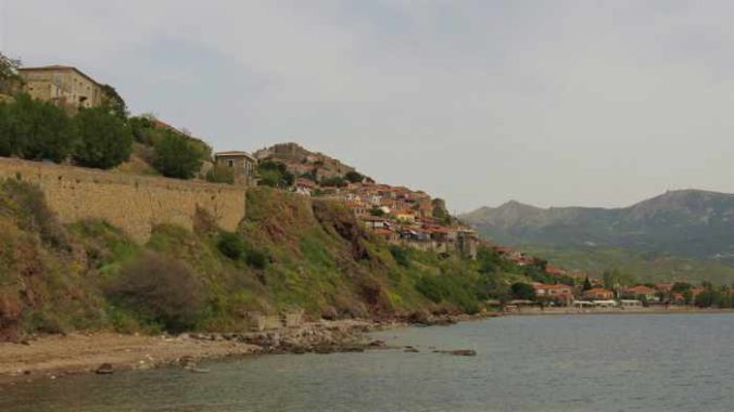 view from the harbour jetty at Molyvos on Lesvos island