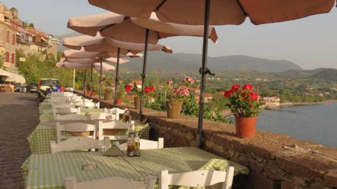 taverna tables along the main road in Molyvos on Lesvos island