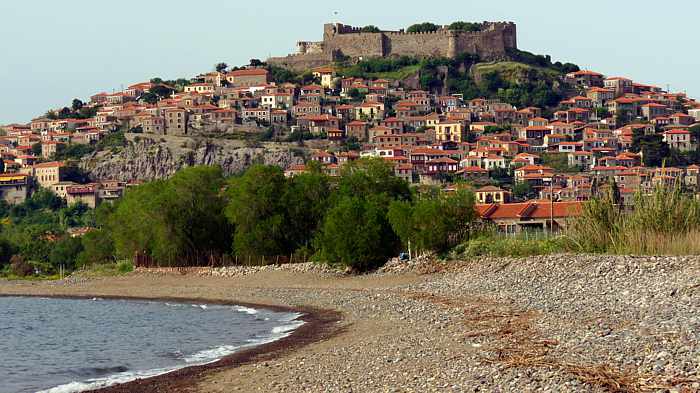 Beach view of Molyvos town on Lesvos island