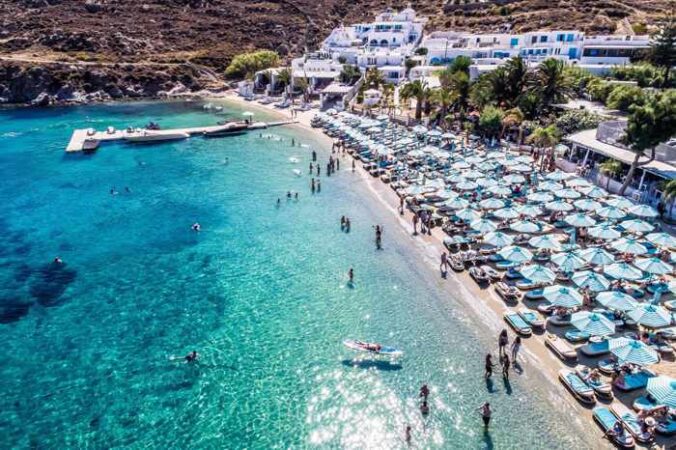 Nammos Mykonos seen in an aerial photo from the beach clubs page on Facebook