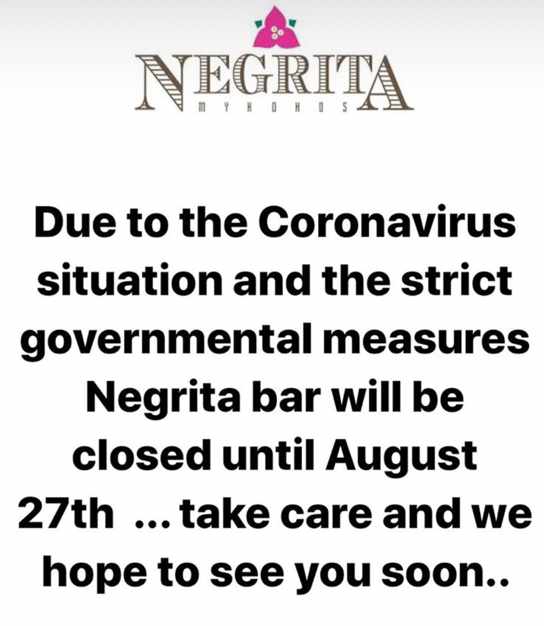 Negrita Bar Mykonos August 2020 closure announcement on social media