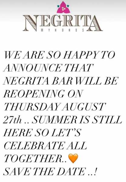 Negrita Bar Mykonos announcement re August 27 reopening