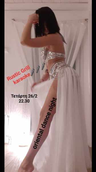 Promotional ad for the Karaoke Party and Oriental Dance Night at Rustic Grill Mykonos