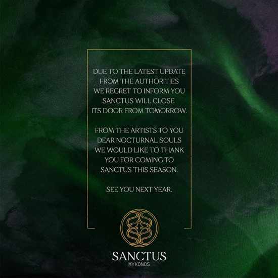 Sanctus club Mykonos 2020 season closing announcement