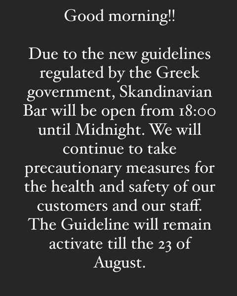 Skandinavian Bar Mykonos notice regarding hours of operation during August 2020