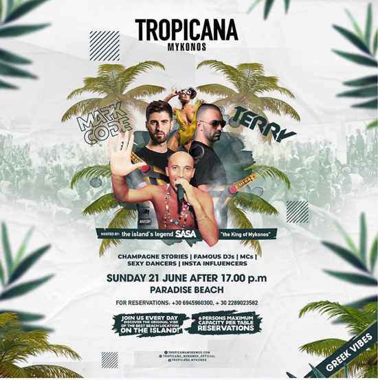 Tropicana Mykonos beach club event on Sunday June 21
