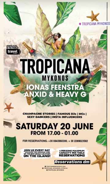 Tropicana beach club Mykonos DJ event on June 20