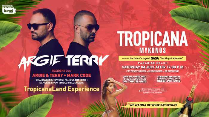 Tropicana beach club Mykonos Saturday event during summer 2020