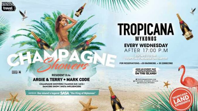 Tropicana beach club Mykonos champagne shower parties during summer 2020
