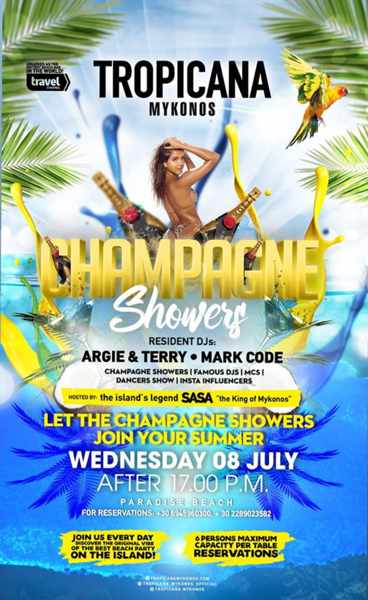 Tropicana beach club Mykonos champagne showers party on Wednesday July 8