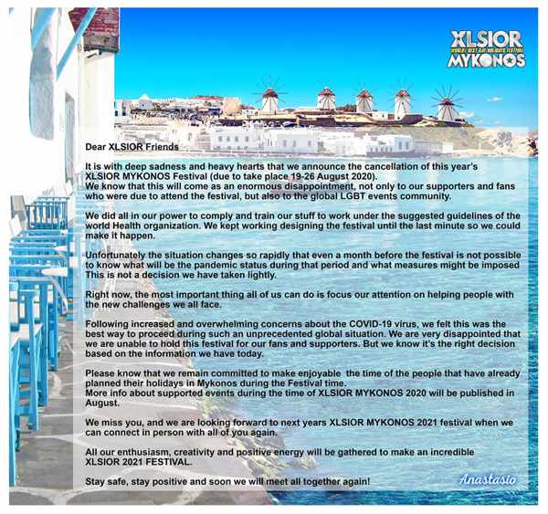 XLSIOR FEstival Mykonos cancellation notice for its 2020 event