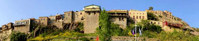 panoramic view of buildings in the traditional market area of Molyvos on Lesvos island