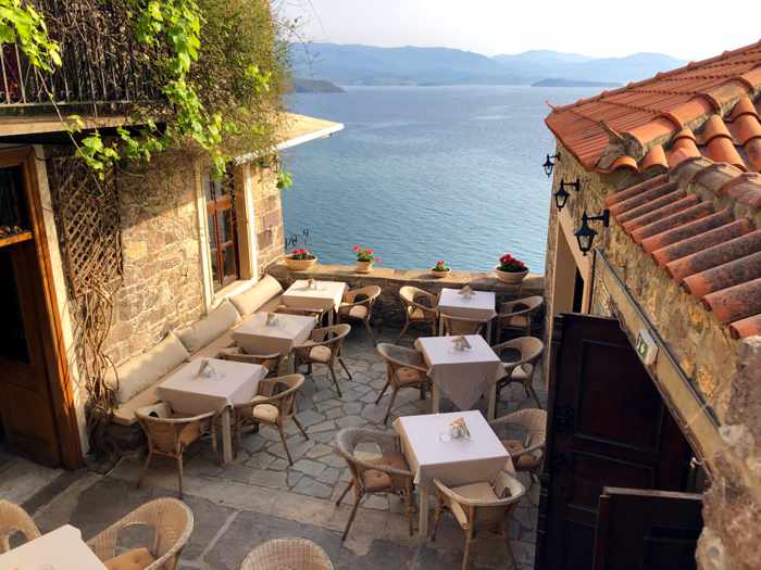 One of the patios at Di Vino restaurant in Molyvos on Lesvos island 