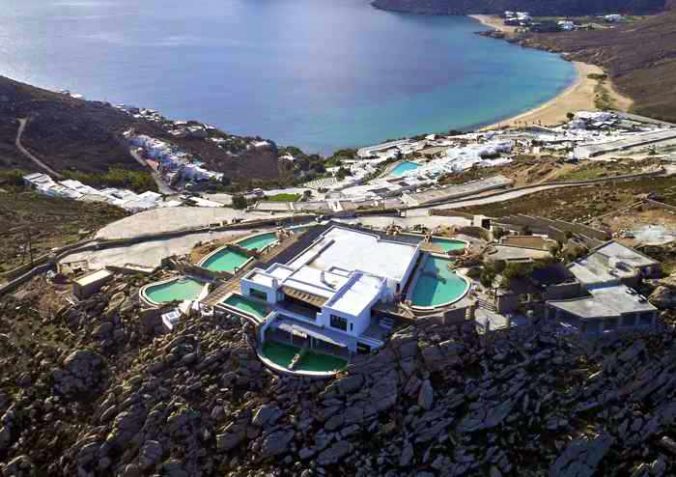Aerial view of Panoptis Escape villas at Elia beach on Mykonos