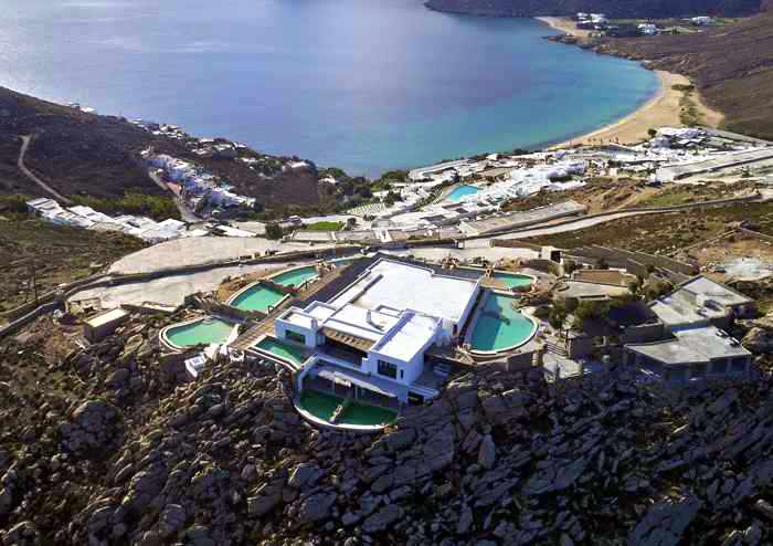 Aerial view of Panoptis Escape villas at Elia beach on Mykonos 