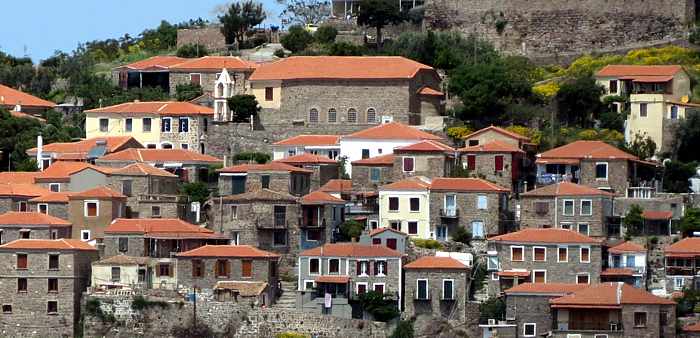 view toward the Basilica of Taxiarchis in Molyvos Lesvos 