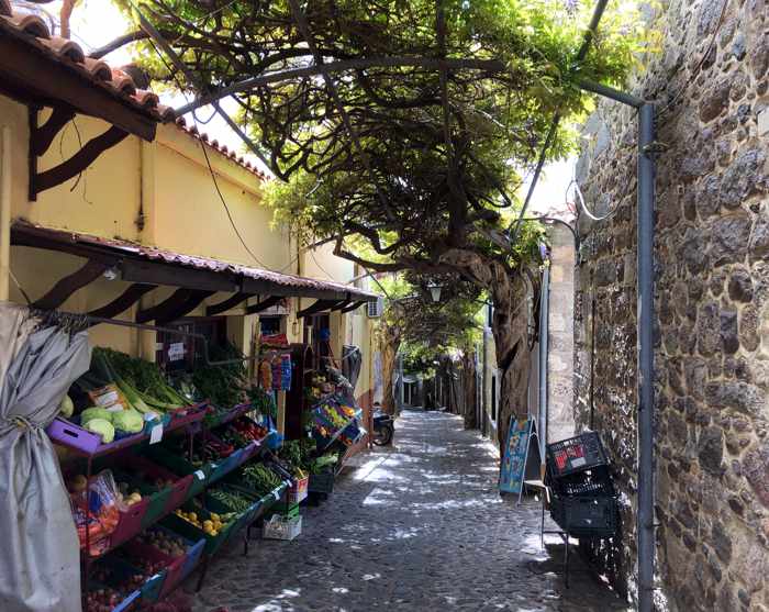 a fruit and vegetable shop in the old market area of Molyvos on Lesvos island