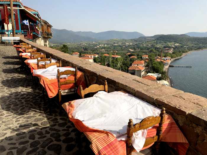 tables in the lane next to Bettys restaurant in Molyvos on Lesvos