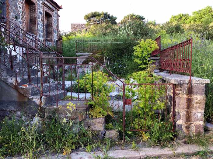 front steps of a derelict mansion in Molyvos on Lesvos island