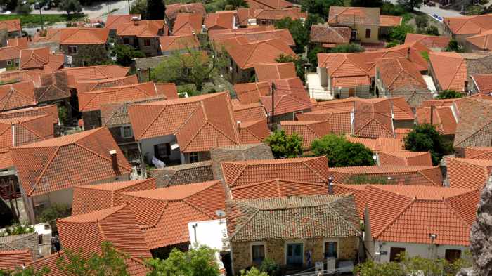 rooftops of houses below the Castle of Molyvos on Lesvos island