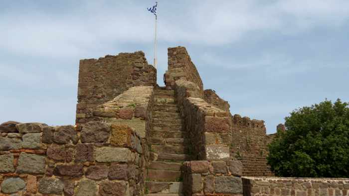 Tower and flag pole in the Castle of Molyvos on Lesvos island