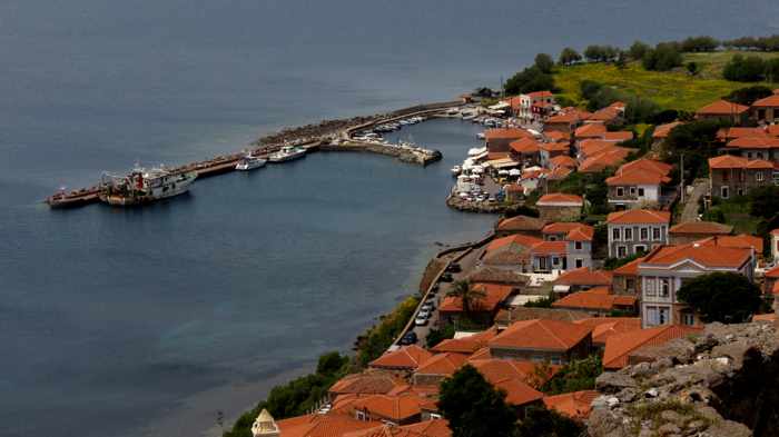 Molyvos harbour viewed from the Castle of Molyvos on Lesvos island 