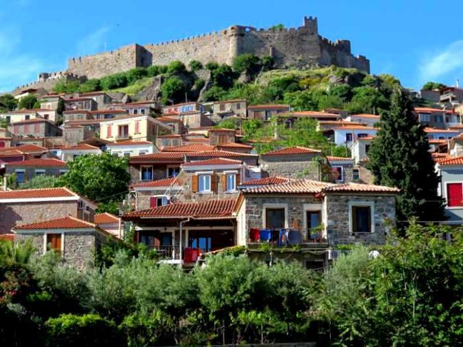 Houses on the hills below the Castle of Molyvos on Lesvos island