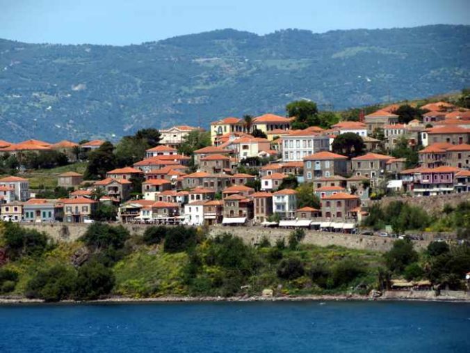 houses and buildings on a hill in Molyvos on Lesvos island