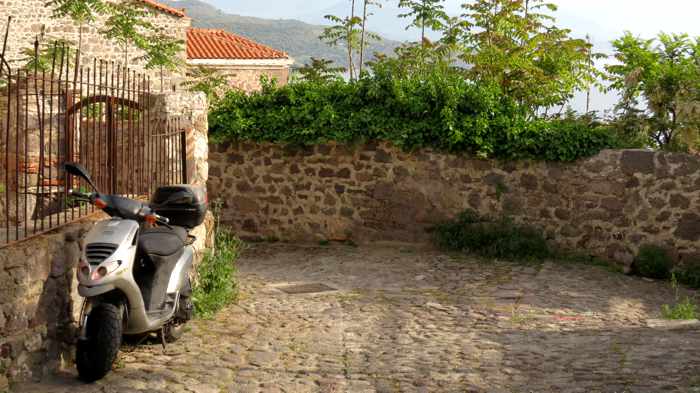 a cobblestone lane in Molyvos on Lesvos island