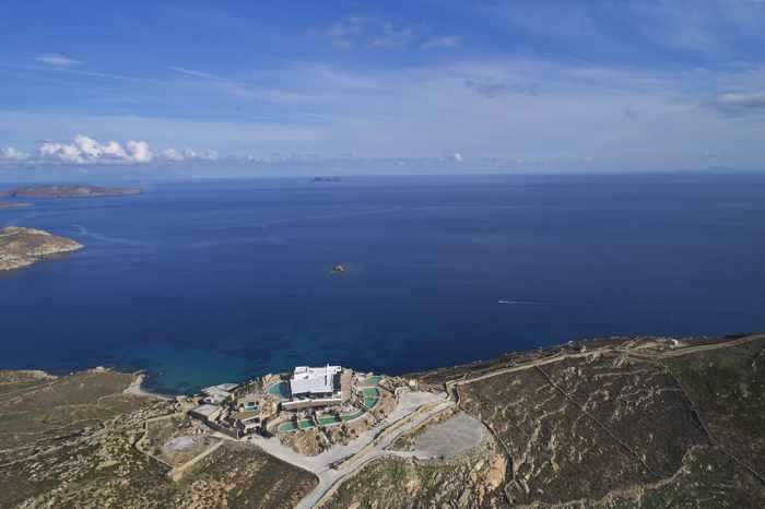 Daytime aerial view of Panoptis Escape villas on Mykonos