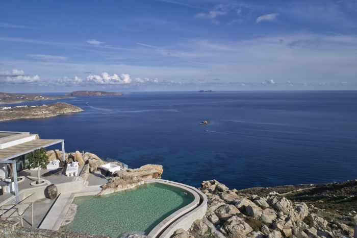 Daytime aerial view from Panoptis Escape villas on Mykonos