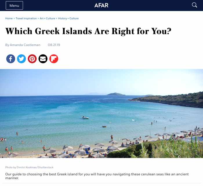 Screenshot of Afar magazine guide to the Greek Islands